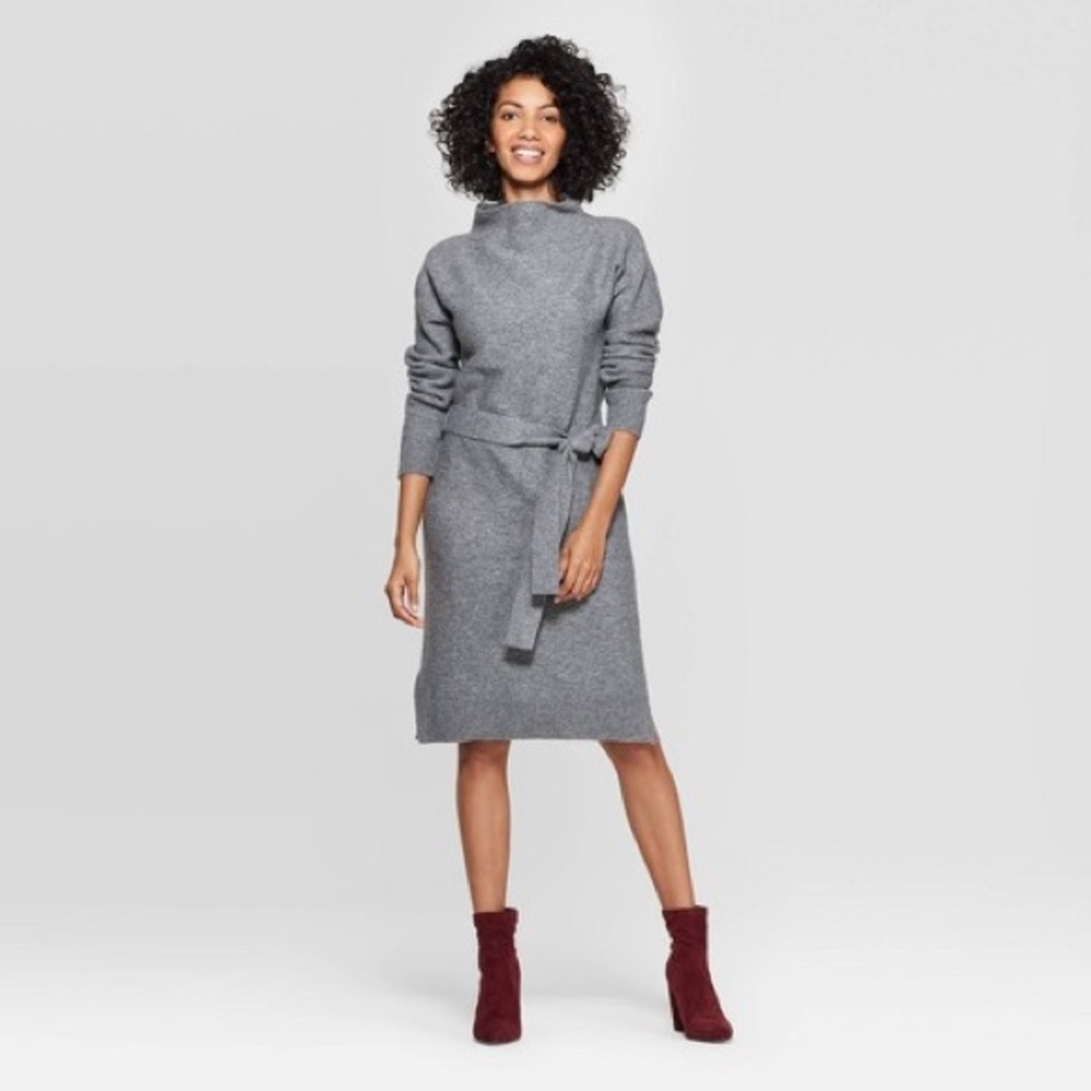 Grey mock turtleneck knit dress with tie waist
